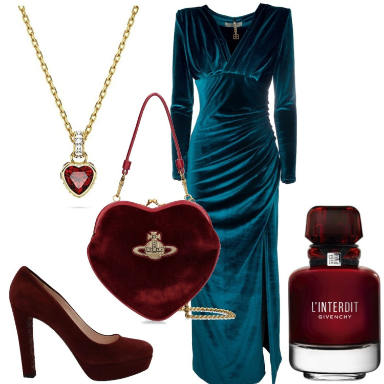 Outfit donna - Caldo velluto. Stile Glamour per Cerimonia. Abbinamento con décolleté, profumi, vestiti lunghi, ciondoli, borse a mano.