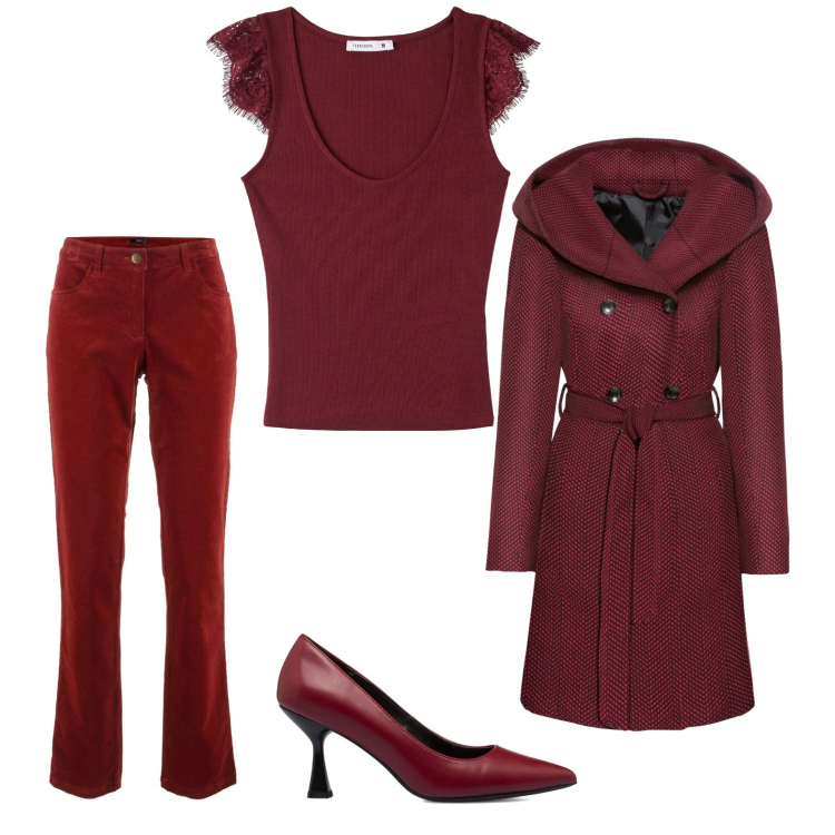 Outfit donna - Bordeaux. Stile Chic per Serata fuori. Abbinamento con cappotti, pantaloni, canottiere, décolleté.