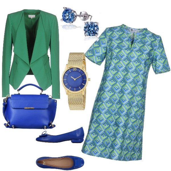 Outfit donna - Optical verdazzurro. Stile Bon Ton per Tutti i giorni. Abbinamento con vestito corto a trapezio fantasia geometrica collo a v a maniche corte interno sfoderato in cotone, borsa a mano messenger con manico taglia media con zip interno foderato in pelle tinta unita, décolleté con tacco squadrato e punta tonda tinta unita, giacca collo con revers a maniche lunghe interno foderato crêpe, orologio in acciaio inox, orecchini in sterling 925 argento e blu.