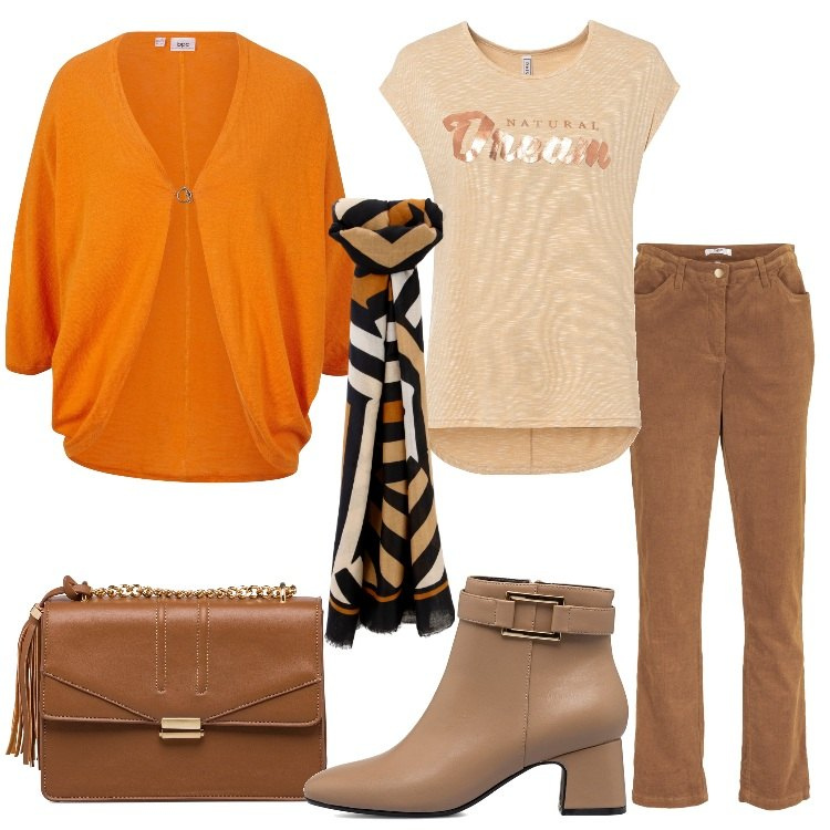 Outfit donna - I colori della terra. Stile Basic per Tutti i giorni. Abbinamento con maglieria, pantaloni, cardigans, foulard, stivaletti, borse a tracolla.