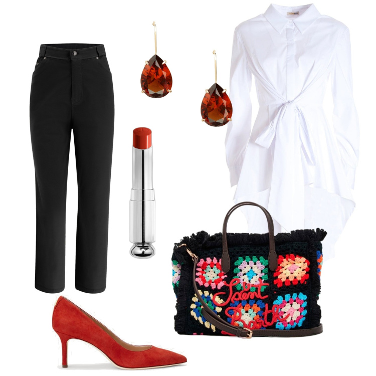 Outfit donna - Bianco nero e rosso. Stile Chic per Serata fuori. Abbinamento con rossetti, camicie, pantaloni capri, décolleté, orecchini, borse a mano.