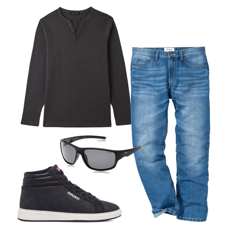 Outfit uomo - Pomeriggio. Stile Urban per Tutti i giorni. Abbinamento con jeans dritti, t-shirt, sneakers alte, occhiali da sole.