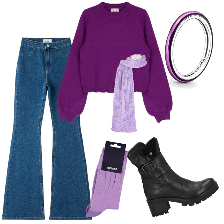 Outfit donna - Bon voyage. Stile Vintage retrò per Serata fuori. Abbinamento con stivaletti, pullovers, sciarpe, jeggings, anelli, calzini.