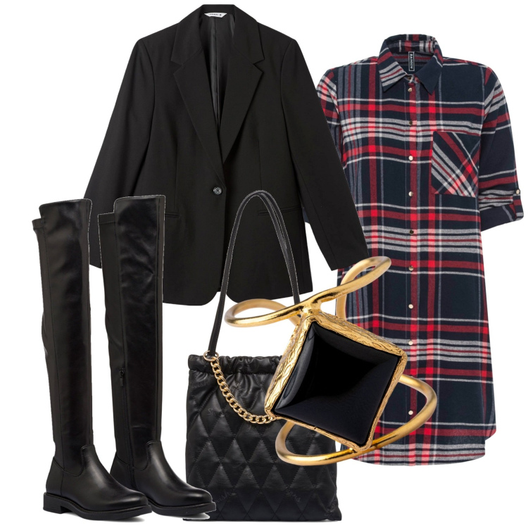 Outfit donna - Con la maxi camicia abito. Stile Glamour per Tutti i giorni. Abbinamento con vestiti chemisier, blazer, stivali sopra il ginocchio, borse a spalla, anelli.