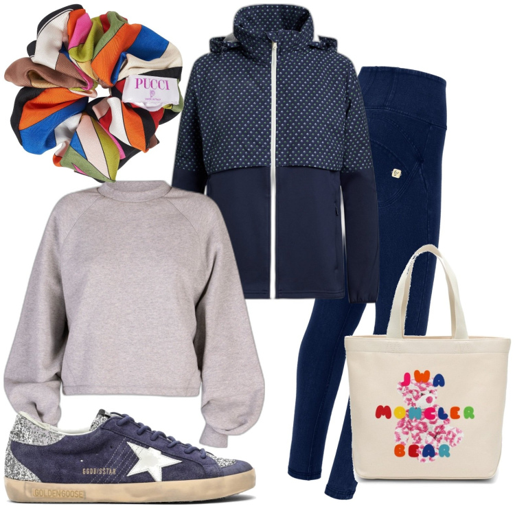 Outfit donna - Sportiva. Stile Casual per Scuola/Università. Abbinamento con jeggings, felpe, giacche, sneakers, borse tote, accessori per capelli.