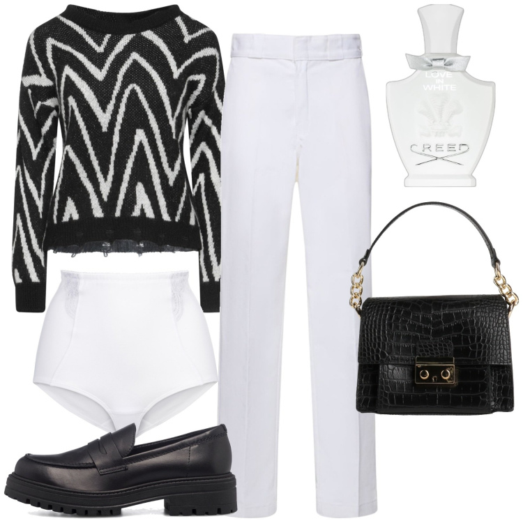 Outfit donna - Total look #1744104. Stile Casual per Tutti i giorni. Abbinamento con culotte, pullovers, borse a mano, profumi, mocassini, pantaloni.