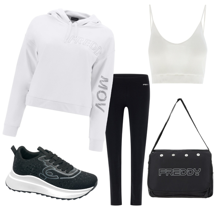 Outfit donna - Total look #1744139. Stile Sporty chic Abbinamento con leggings, borse messenger, felpe con cappuccio, sneakers, top.