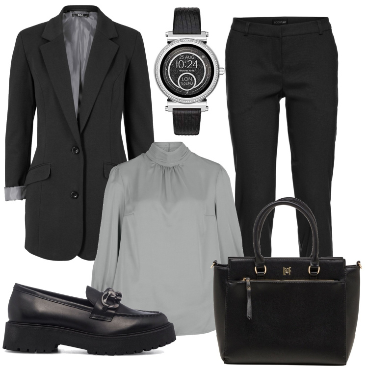 Outfit donna - Formosa e Formale. Stile Bon Ton per Ufficio. Abbinamento con pantaloni, tuniche, giacche, mocassini, borse a mano, orologi digitali.