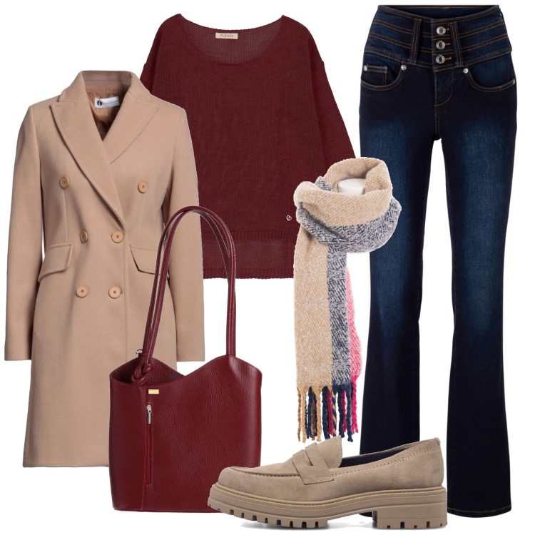Outfit donna - Colori autunnali. Stile Casual chic per Tutti i giorni. Abbinamento con jeans bootcut, cappotti, borse a spalla, sciarpe, maglieria, mocassini.