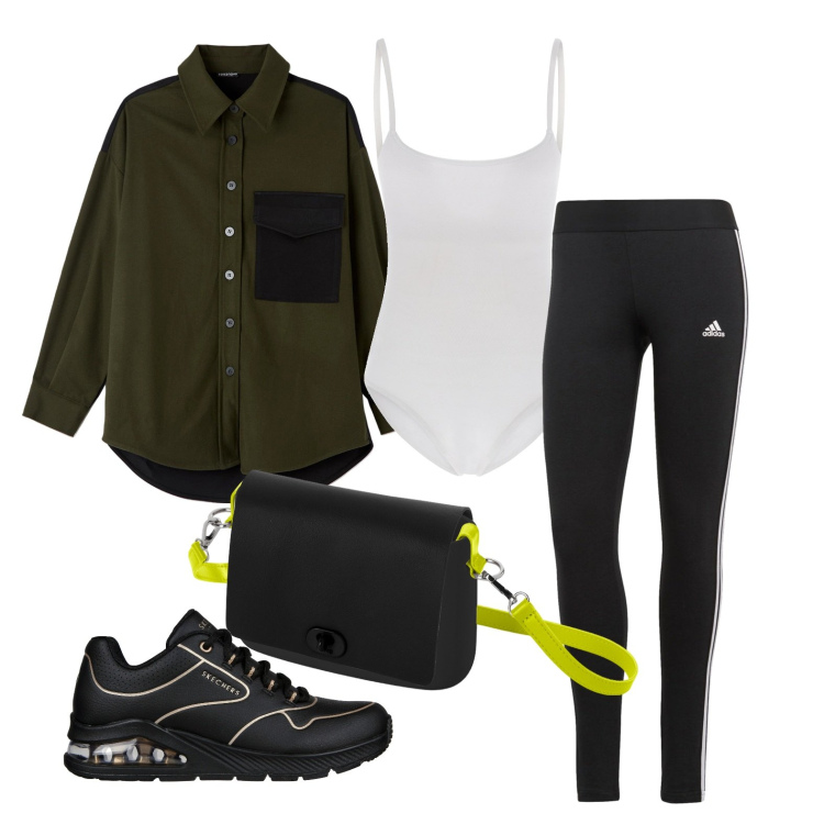 Outfit donna - Ghost outfitter - ottobre. Stile Sporty chic per Tutti i giorni. Abbinamento con camicie, body, sneakers, leggings, borse a spalla.