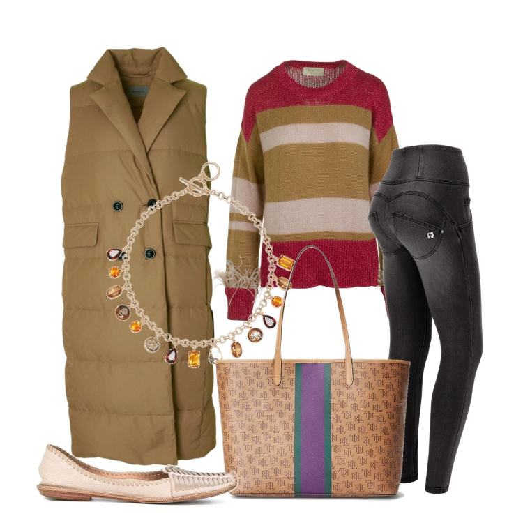 Outfit donna - Ghost outfitter - ottobre. Stile Casual chic per Tutti i giorni. Abbinamento con ballerine, jeans strappati, borse tote, ciondoli, maglieria, gilet.