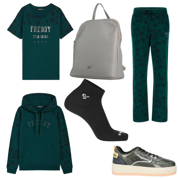 Outfit donna - Verde bottiglia. Stile Sporty chic per Sport. Abbinamento con sneakers, zaini, calzini, pantaloni, t-shirt, felpe con cappuccio.
