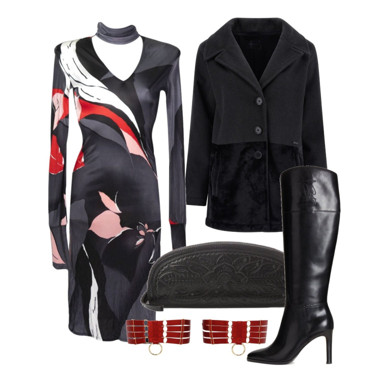 Outfit donna - Ghost outfitter - ottobre. Stile Glamour per Serata fuori. Abbinamento con vestiti lunghi, cappotti, clutch, stivali sopra il ginocchio, anelli.