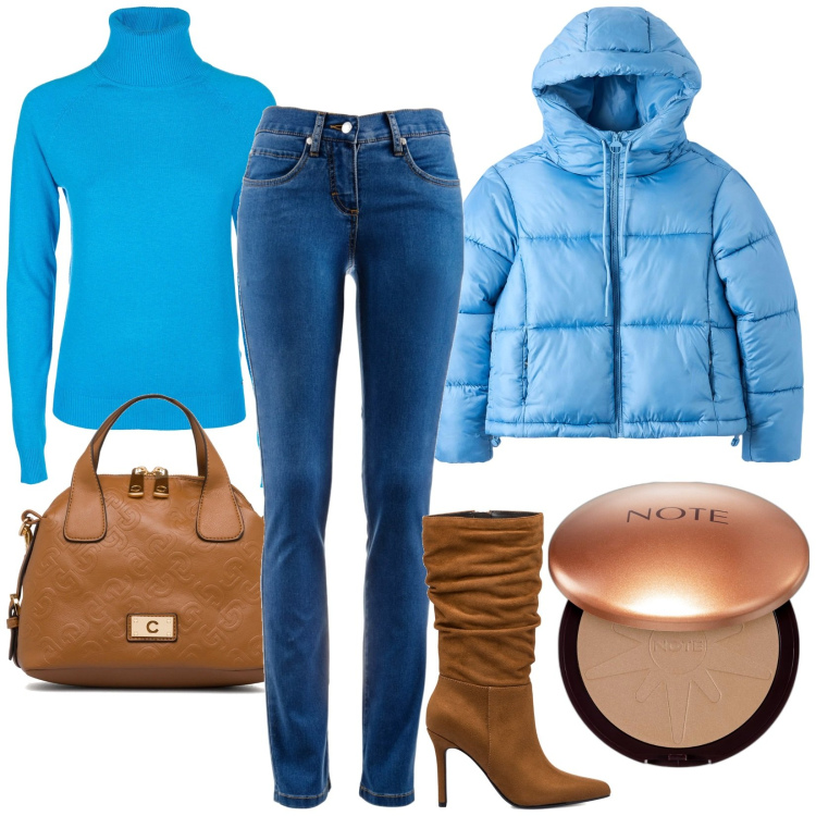 Outfit donna - Total look #1744193. Stile Casual per Ufficio. Abbinamento con jeans dritti, terre, piumini, maglieria, borse a spalla, stivali sopra il ginocchio.