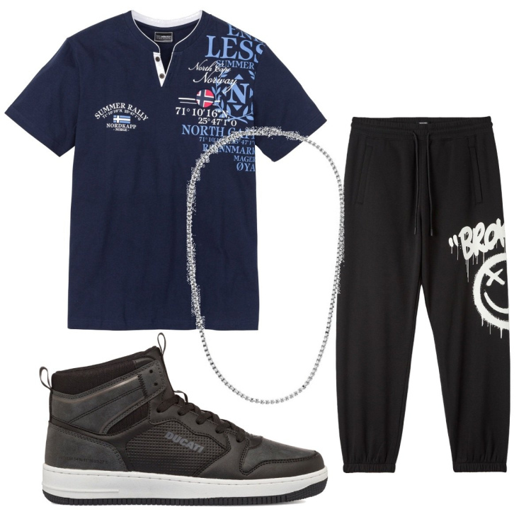 Outfit uomo - Total look #1744211. Stile Urban per Tutti i giorni. Abbinamento con t-shirt, pantaloni sportivi, sneakers alte, collane.
