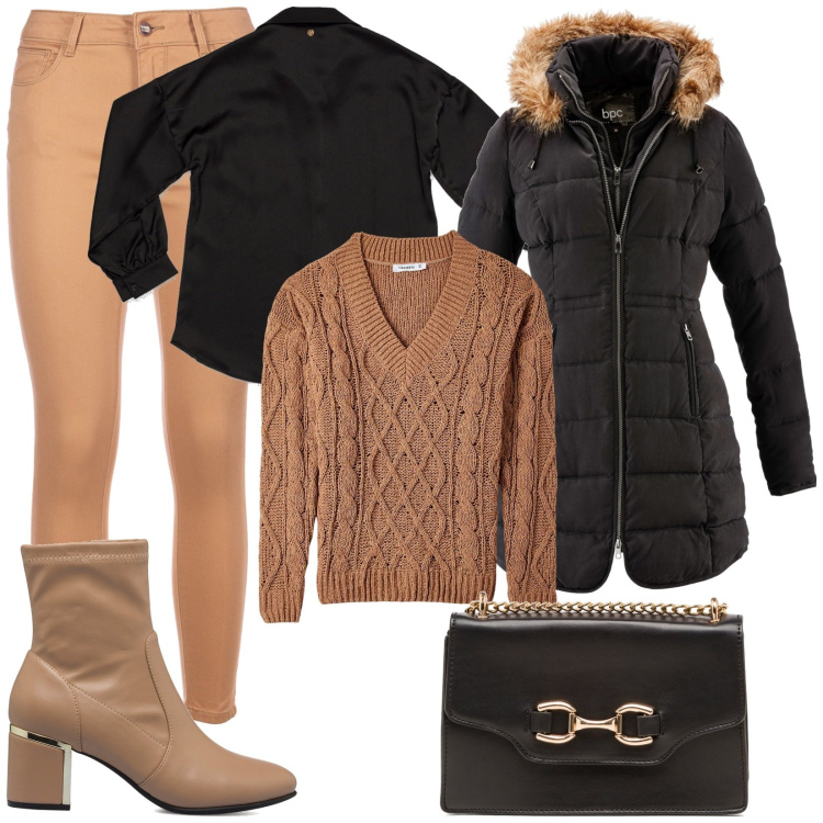 Outfit donna - Total look #1744214. Stile Casual per Ufficio. Abbinamento con giacche, maglieria, jeans skinny, camicie, stivaletti, borse a tracolla.