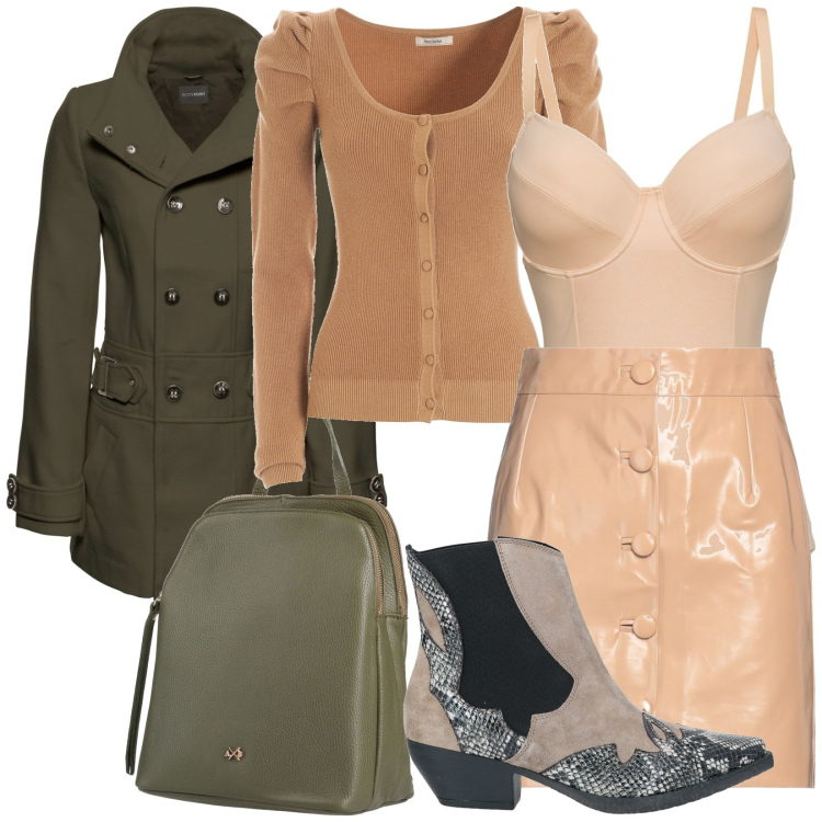 Outfit donna - Total look #1744220. Stile Casual per Tutti i giorni. Abbinamento con body, cappotti, stivaletti, zaini, minigonne, cardigans.