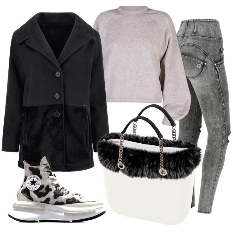 Outfit donna - Total look #1744243. Stile Casual chic per Tutti i giorni. Abbinamento con cappotti, jeans strappati, sneakers, felpe, borse a spalla.