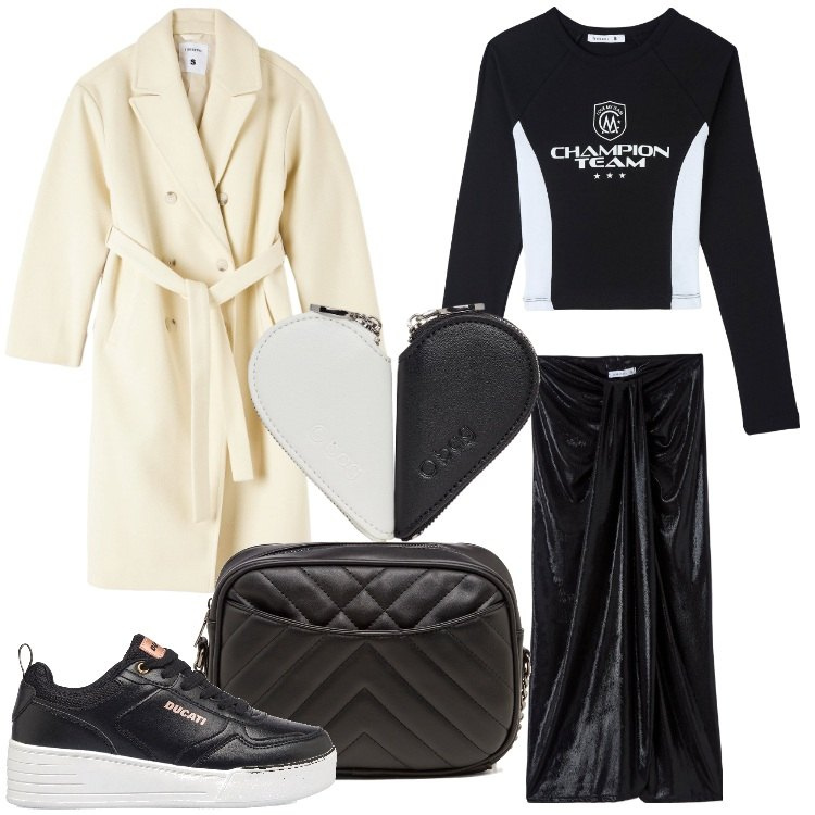 Outfit donna - Sportiva e trendy = Athleisure style. Stile Trendy per Tutti i giorni. Abbinamento con t-shirt sportive, gonne lunghe, cappotti, sneakers alte, borse a tracolla, portamonete.