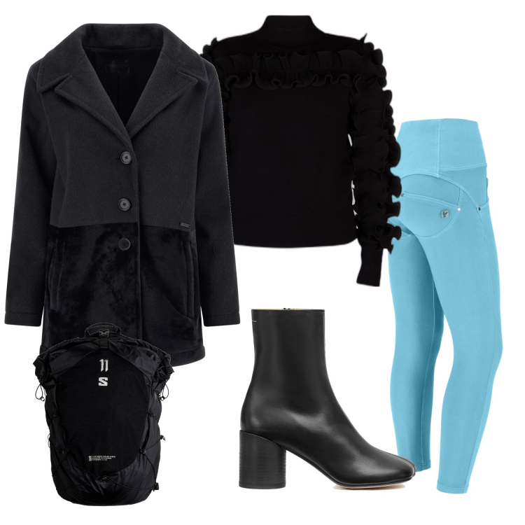 Outfit donna - I pantaloni azzurri. Stile Casual chic per Tutti i giorni. Abbinamento con cappotti, pantaloni skinny, maglieria, stivaletti, zaini.