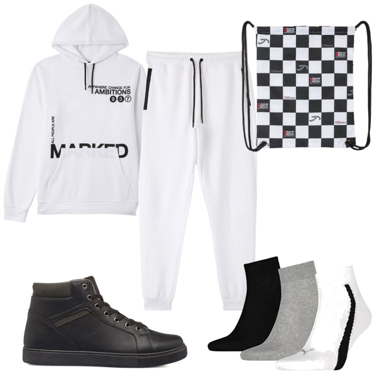 Outfit uomo - Total look #1744307. Stile Trendy per Sport. Abbinamento con borse sportive, felpe con cappuccio, pantaloni, sneakers alte, calzini.
