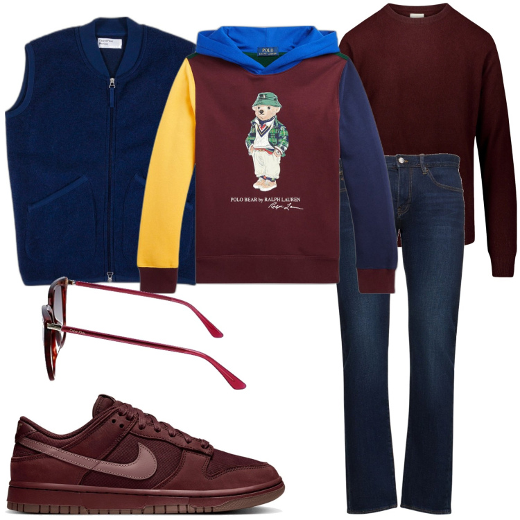 Outfit uomo - Mi vesto con la felpa. Stile Trendy per Tutti i giorni. Abbinamento con sneakers, gilet, maglieria, jeans slim fit, felpe con cappuccio, occhiali da sole.