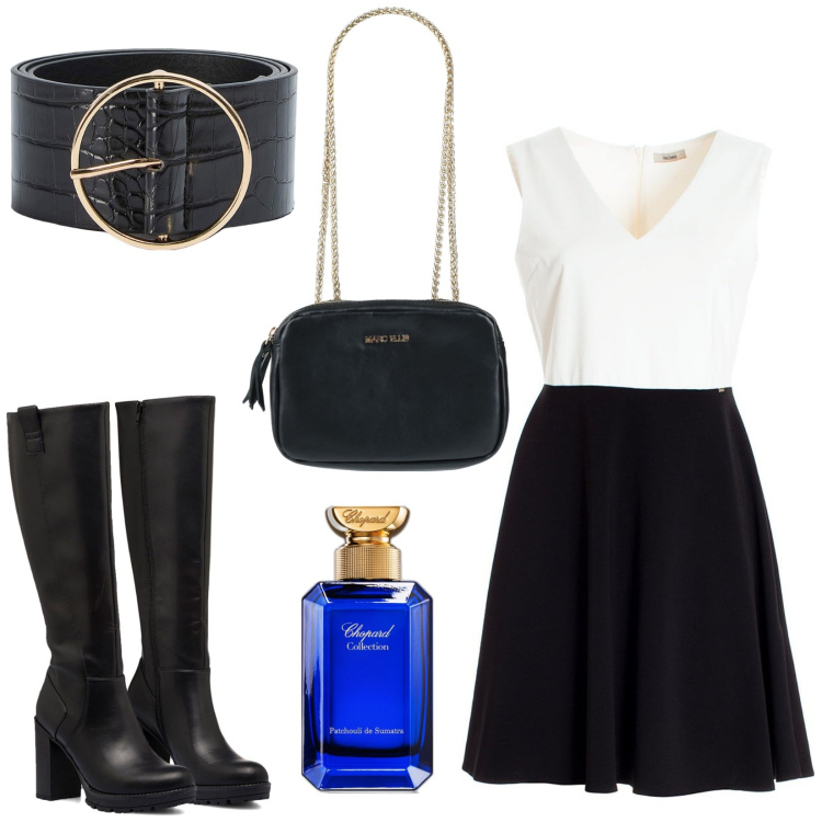 Outfit donna - Bianco e nero. Stile Casual chic per Tutti i giorni. Abbinamento con borse a spalla, profumi, cinture, vestiti senza maniche, stivali sopra il ginocchio.