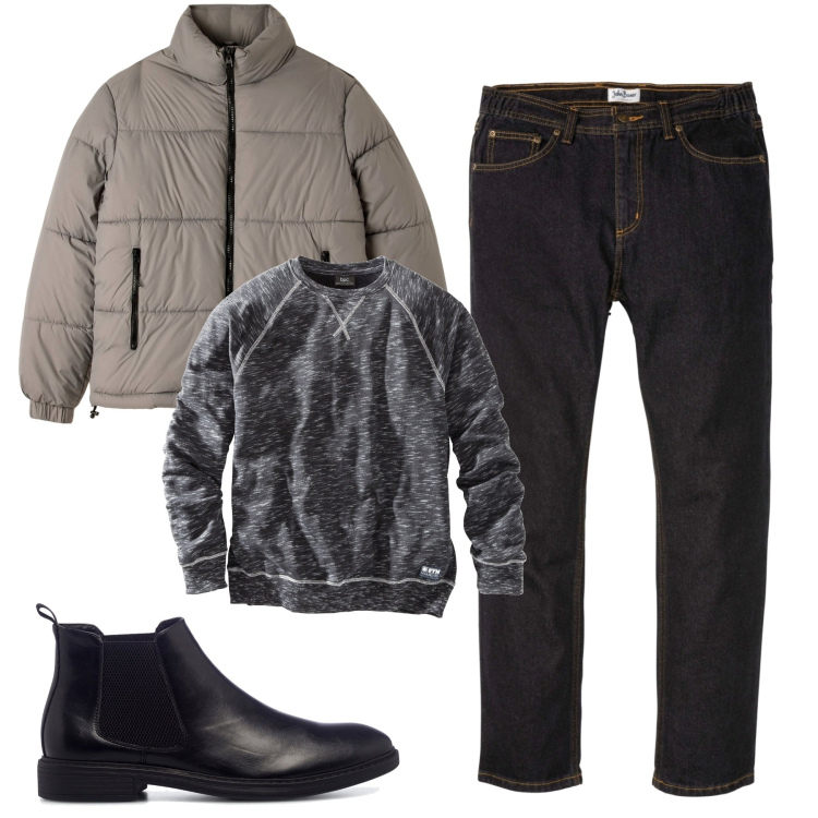 Outfit uomo - Fine ottobre. Stile Casual per Tutti i giorni. Abbinamento con jeans dritti, felpe, piumini, stivali e stivaletti.