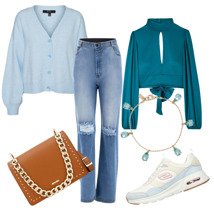 Outfit donna - Adorabile in azzurro. Stile Casual chic per Ufficio. Abbinamento con t-shirt, pochette, jeans strappati, braccialetti, sneakers, cardigans.