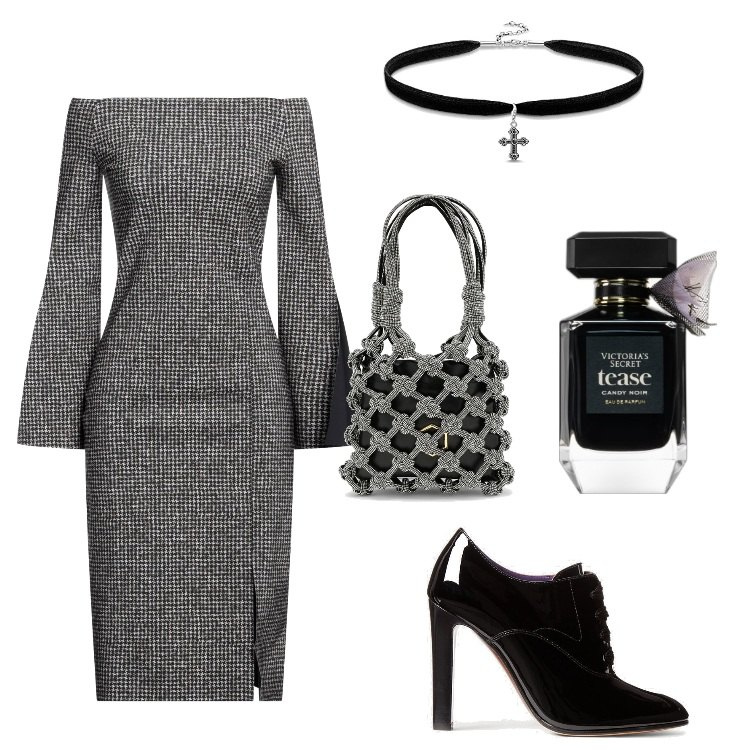 Outfit donna - Segreti - Ottobre. Stile Glamour per Serata fuori. Abbinamento con vestiti midi/longuette, profumi, décolleté, borse a mano, ciondoli.