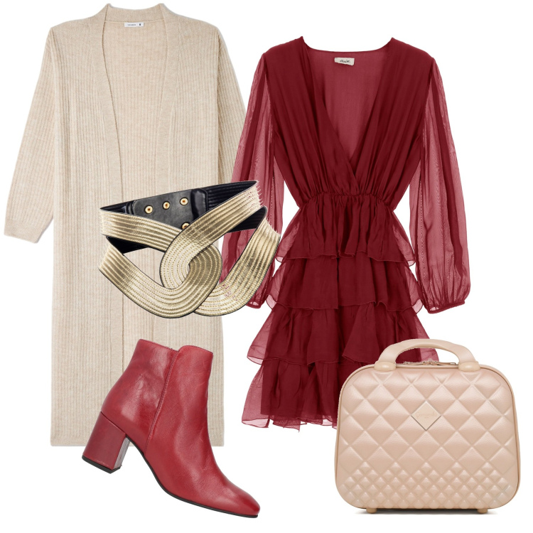 Outfit donna - Sabato pomeriggio a teatro. per Serata fuori. Abbinamento con stivaletti, cardigans, cinture, vestiti corti, valigie.
