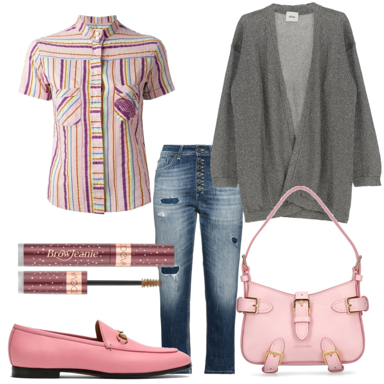 Outfit donna - Tutti i giorni. Stile Urban per Tutti i giorni. Abbinamento con jeans, camicie a manica corta, mascara, cardigans, mocassini, borse a mano.