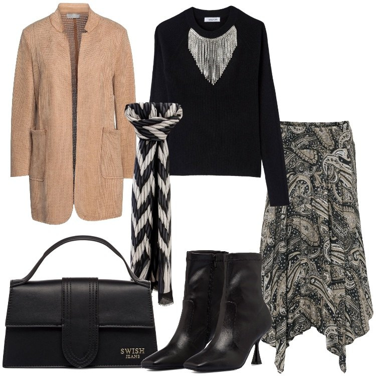 Outfit donna - Focus borsa a mano. Stile Trendy per Serata fuori. Abbinamento con gonne longuette, cappotti, maglieria, foulard, stivaletti, borse a mano.