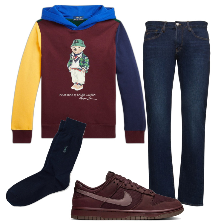 Outfit uomo - Autunno. Stile Trendy per Tutti i giorni. Abbinamento con calzini, jeans slim fit, felpe con cappuccio, sneakers.