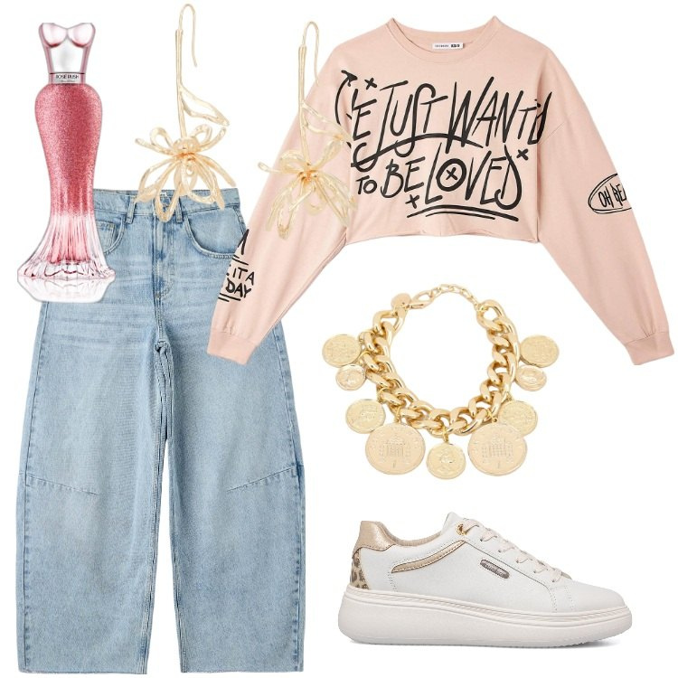 Outfit donna - Una grigliata con gli amici a casa mia. Stile Sporty chic per Serata fuori. Abbinamento con profumi, t-shirt, jeans boyfriend, braccialetti, orecchini, sneakers.