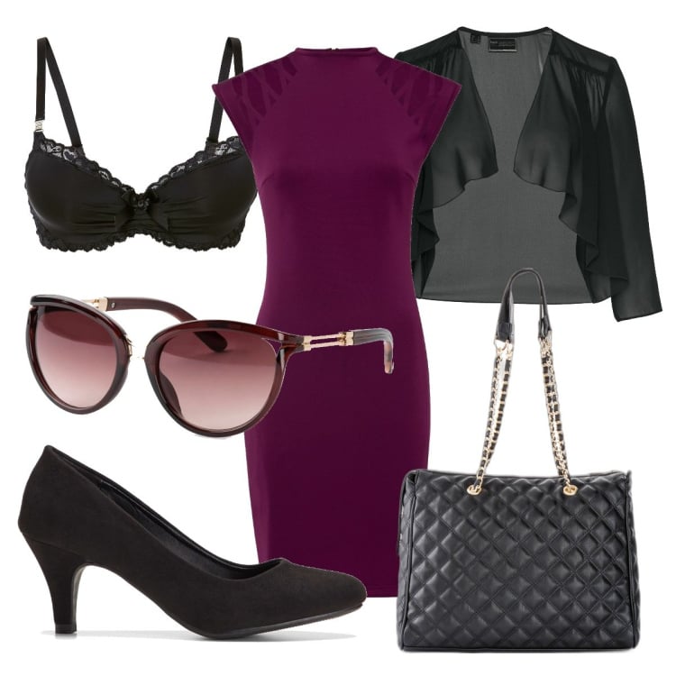 Outfit donna - Nero e melanzana. Stile Chic per Serata fuori. Abbinamento con bolero, shopping bag, décolleté, occhiali da sole, vestiti, reggiseni.