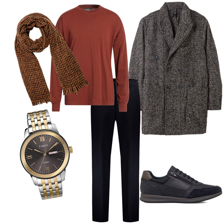 Outfit uomo - Elegante ma non troppo. Stile Urban per Serata speciale. Abbinamento con t-shirt, cappotti, sneakers, sciarpe, pantaloni, orologi analogici.