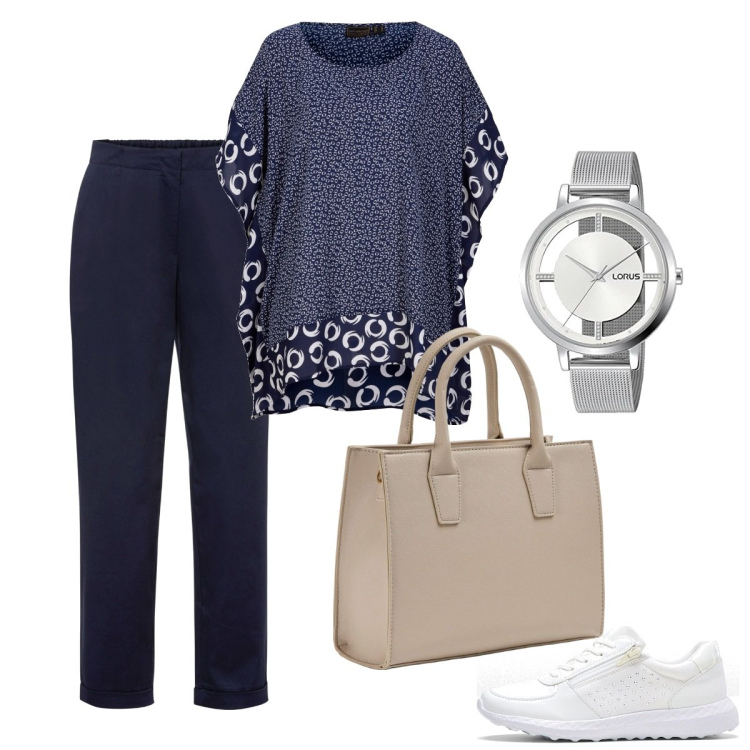 Outfit donna - Tunica elegante. Stile Casual per Tutti i giorni. Abbinamento con sneakers, tuniche, pantaloni, shopping bag, orologi.