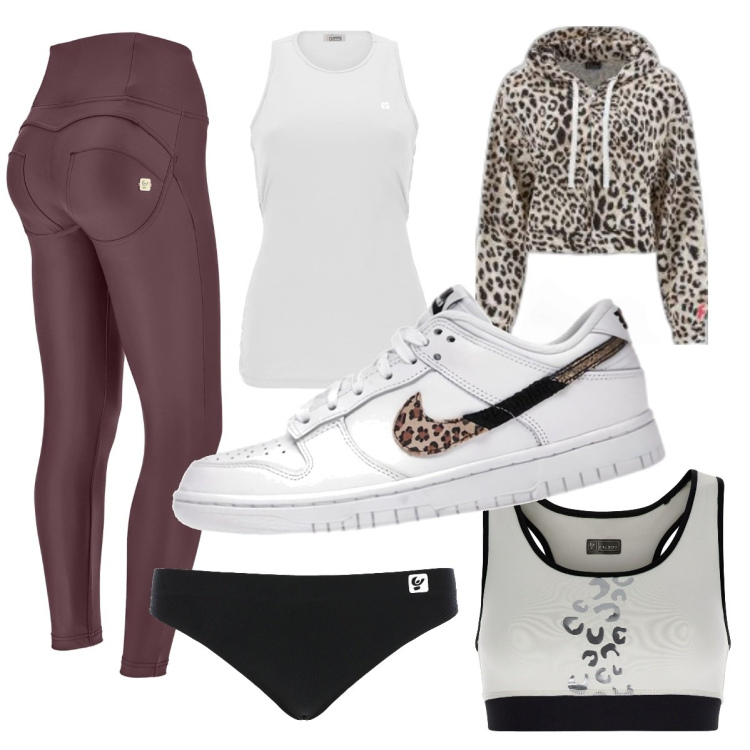 Outfit donna - Jogging alla moda. Stile Sporty chic per Tutti i giorni. Abbinamento con sneakers, slip, pantaloni skinny, felpe con cappuccio, canottiere, reggiseni.