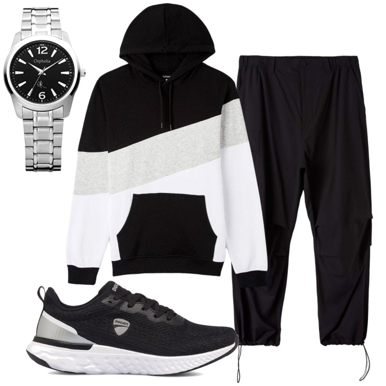 Outfit uomo - Total look #1744516. Stile Casual per Sport. Abbinamento con pantaloni cargo, felpe con cappuccio, sneakers, orologi.