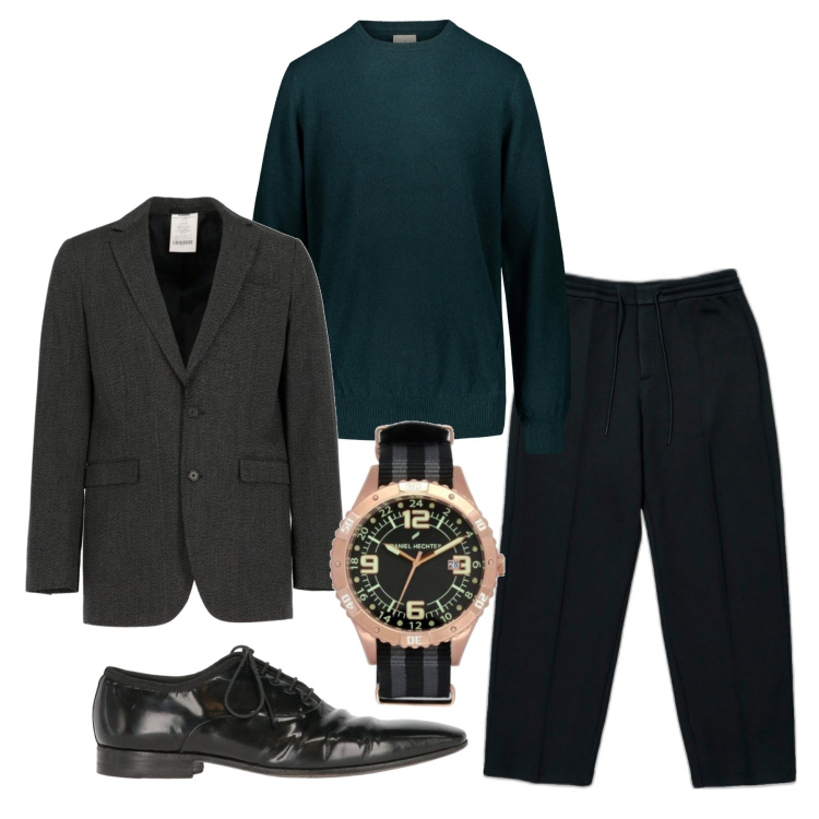 Outfit uomo - Scuro e raffinato. Stile Urban per Serata speciale. Abbinamento con scarpe stringate, giacche, pantaloni, maglieria, orologi analogici.