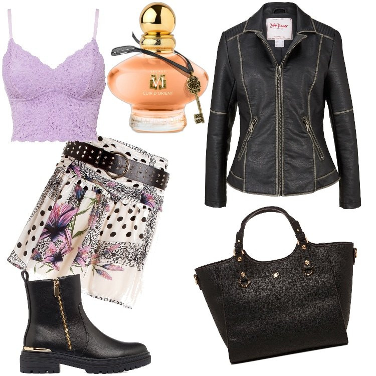 Outfit donna - La Chiave della Felicità - ottobre. Stile Rock per Serata fuori. Abbinamento con blazer, top, profumi, gonne, borse a mano, stivaletti.