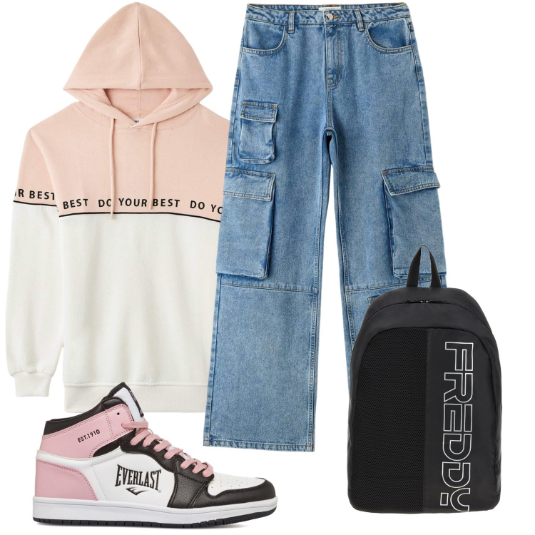 Outfit donna - Sportiva ma trendy. Stile Basic per Sport. Abbinamento con jeans, felpe con cappuccio, zaini, sneakers alte.