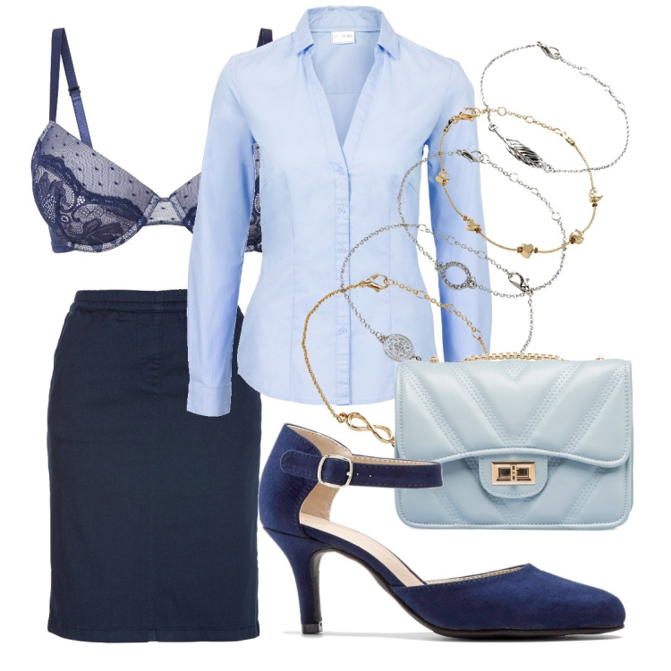 Outfit donna - Blue Steel. Stile Bon Ton per Ufficio. Abbinamento con camicie, décolleté, braccialetti con ciondoli, gonne, reggiseni, borse a tracolla.
