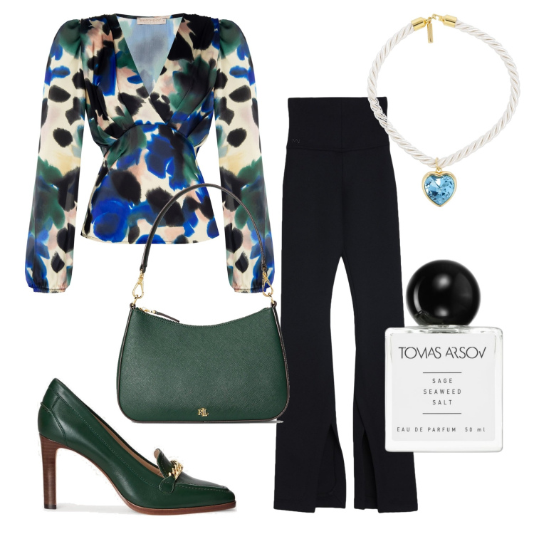 Outfit donna - Stasera a cena. Stile Chic per Serata fuori. Abbinamento con pantaloni, profumi, bluse, décolleté, borse a tracolla, collane.