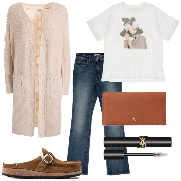 Outfit donna - Total look #1744580. Stile Trendy per Tutti i giorni. Abbinamento con mascara, cardigans, t-shirt, jeans dritti, sandali in pelle, portafogli.