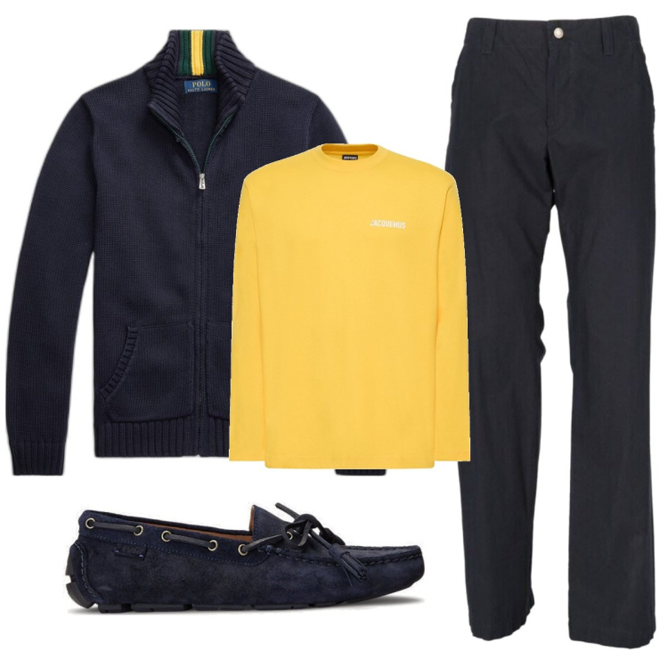 Outfit uomo - Total look #1744581. Stile Casual per Ufficio. Abbinamento con pantaloni, scarpe stringate, t-shirt, cardigans.
