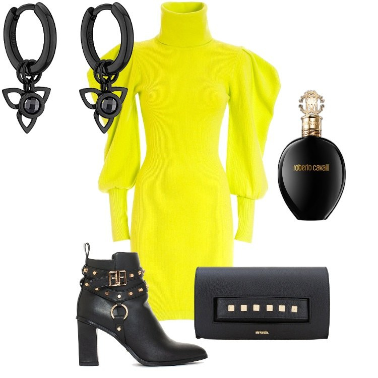 Outfit donna - L\'Abito in Maglia che mi piace - Ottobre. Stile Rock per Serata fuori. Abbinamento con profumi, pochette, vestiti, stivaletti, orecchini.