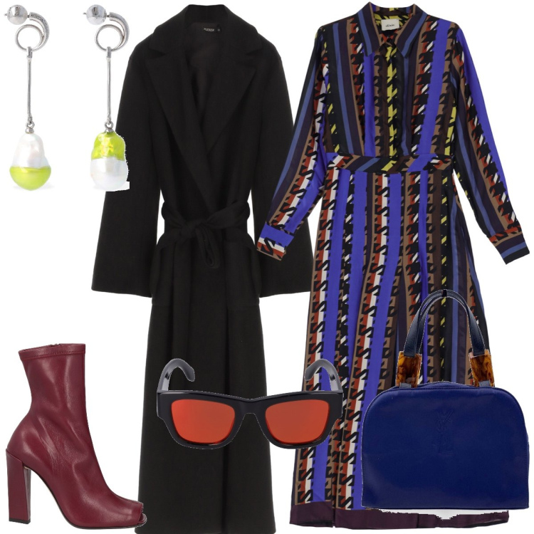 Outfit donna - In giro. Stile Trendy per Tutti i giorni. Abbinamento con stivaletti, borse a mano, cappotti, vestiti lunghi, orecchini, occhiali da sole.