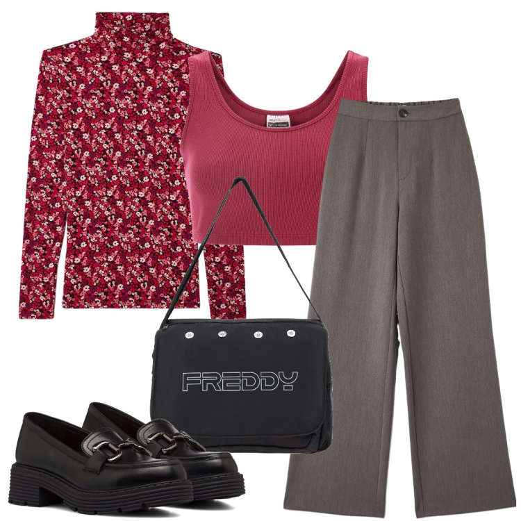Outfit donna - Trendy Sporty. Stile Trendy per Tutti i giorni. Abbinamento con t-shirt, pantaloni, borse messenger, top, mocassini.